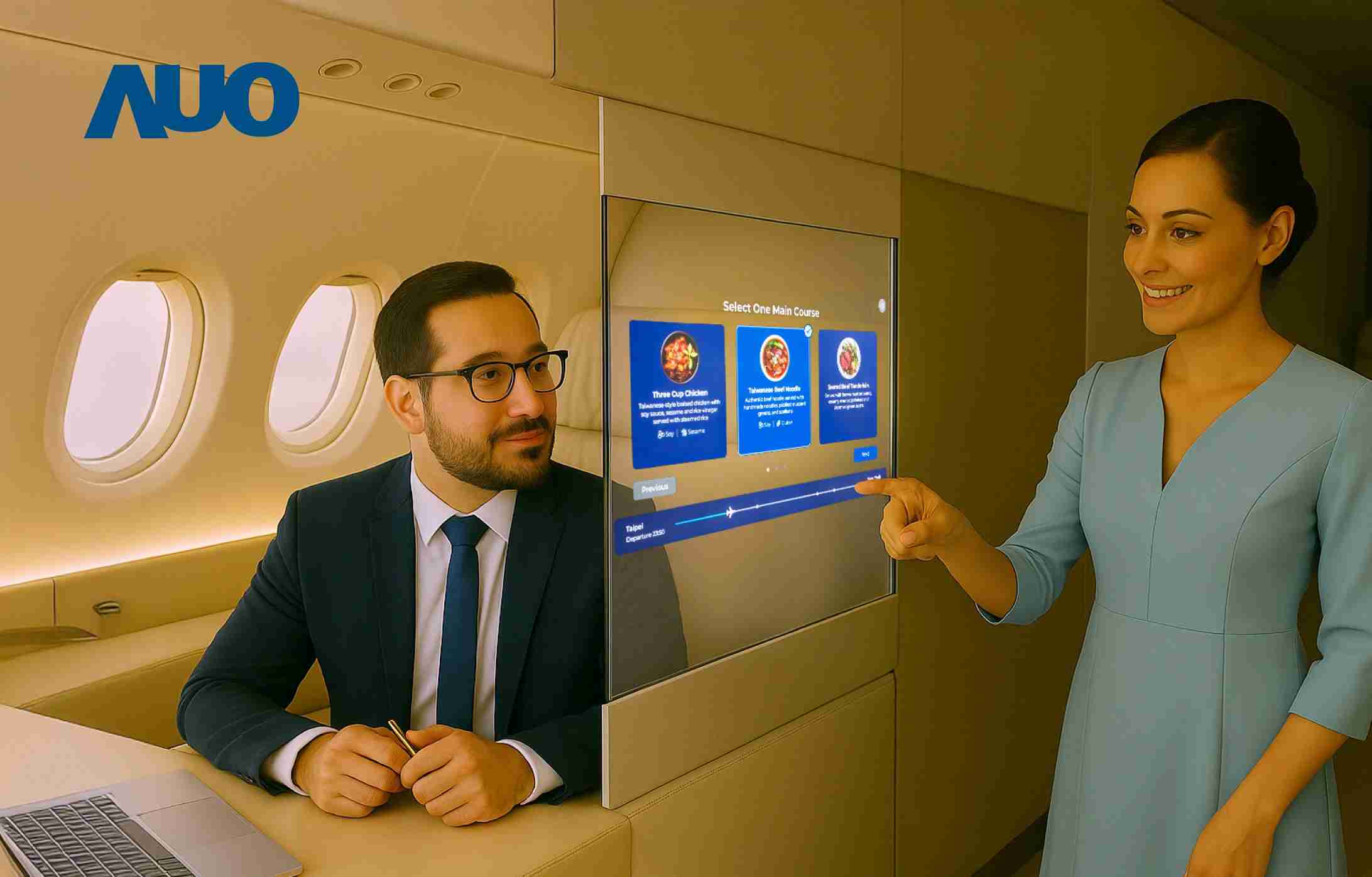 欧陆注册研发全球最薄17.3 吋双面透明 Micro LED 显示器，，，可在同一屏幕之双边投射不同信息，，，创造独特的”透明化”互动；图为实时翻译交流应用情境